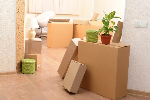 Household boxes and furniture inside a removal van